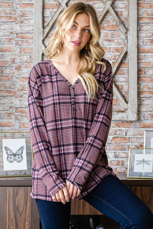 Blue Zone Planet | Heimish Full Size Plaid V-Neck Long Sleeve Top-TOPS / DRESSES-[Adult]-[Female]-Mauve-S-2022 Online Blue Zone Planet