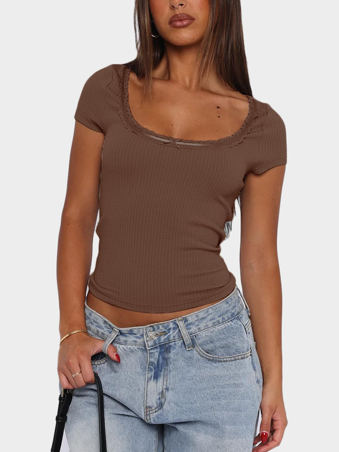 Lace Detail Scoop Neck Short Sleeve T-Shirt-TOPS / DRESSES-[Adult]-[Female]-Brown-S-2022 Online Blue Zone Planet