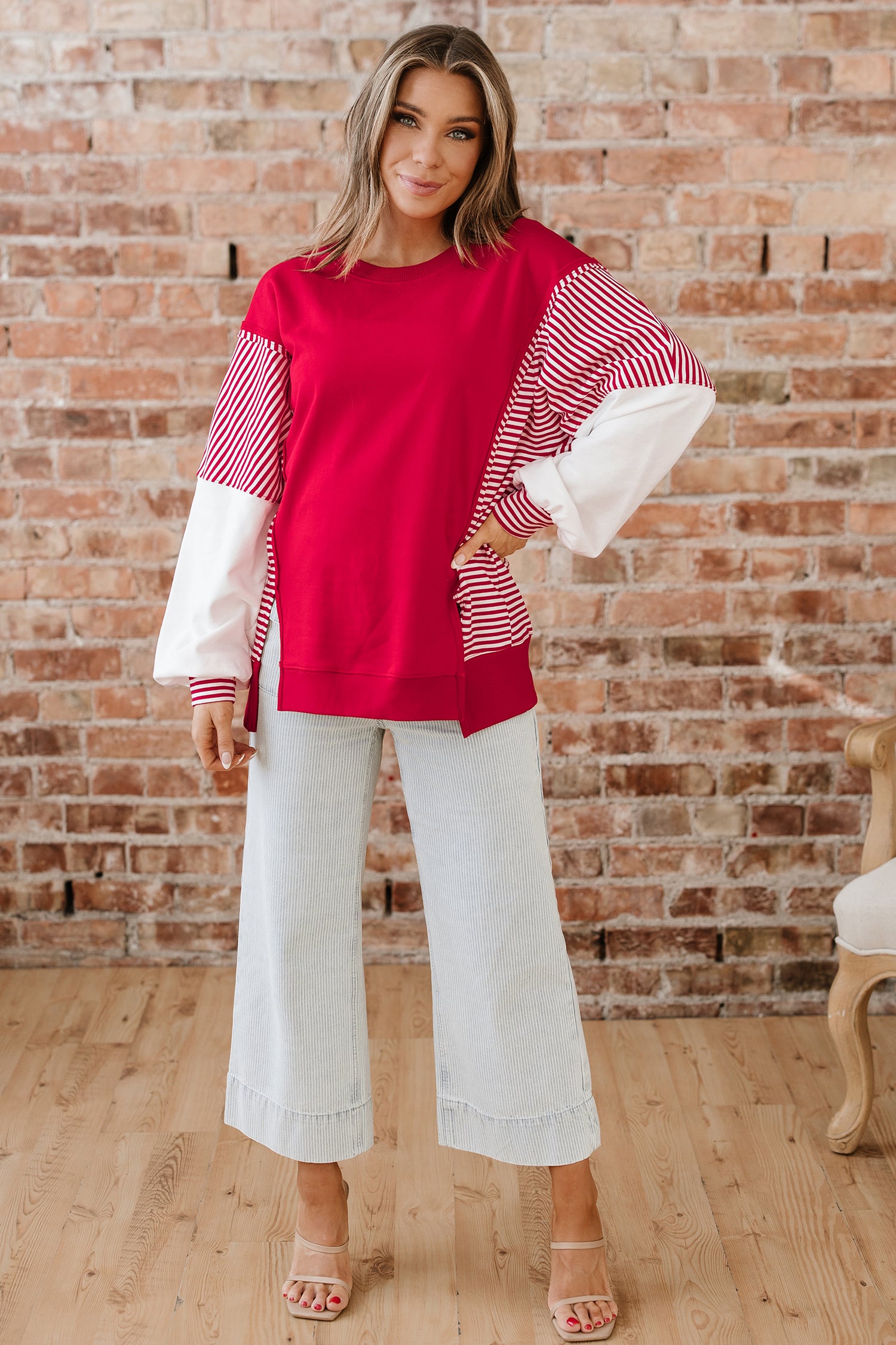 Fiery Red Striped Patchwork Sleeve Colorblock Sweatshirt-Tops/Sweatshirts & Hoodies-[Adult]-[Female]-2022 Online Blue Zone Planet