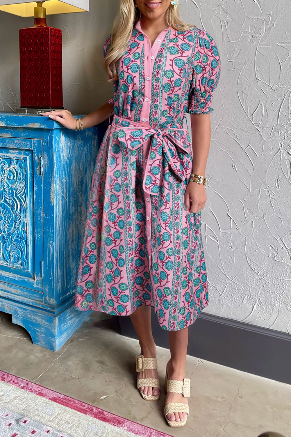 Pink Floral Shirred Puff Sleeve Buttoned Front Midi Dress with Sash-TOPS / DRESSES-[Adult]-[Female]-Pink-S-2022 Online Blue Zone Planet