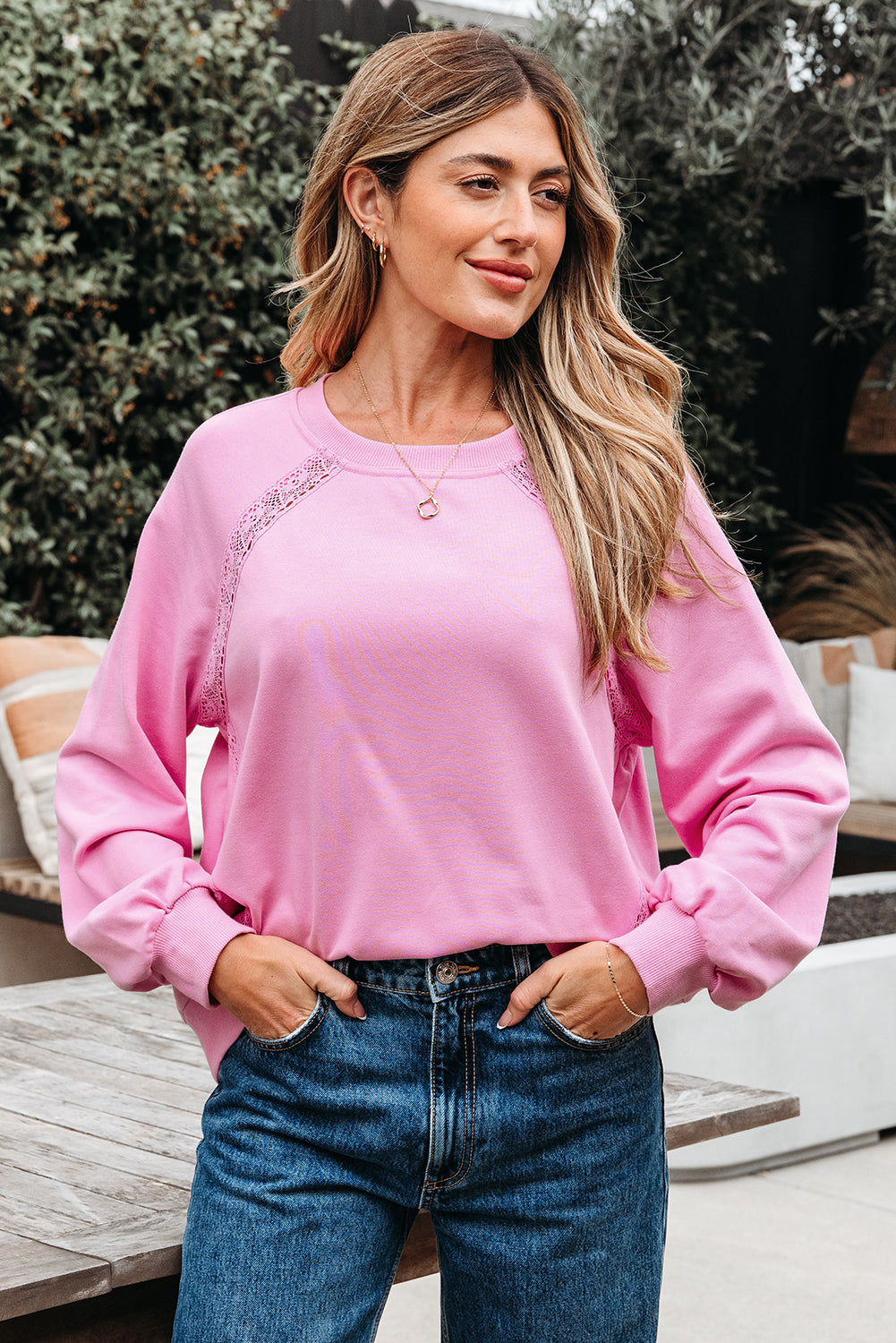 Bright Pink Lace Patched Raglan Sleeve Loose Fit Sweatshirt-Tops/Sweatshirts & Hoodies-[Adult]-[Female]-2022 Online Blue Zone Planet