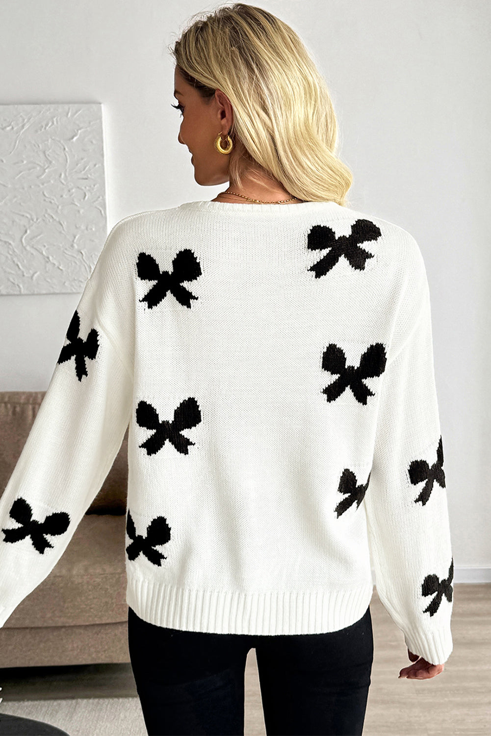 White Lace-up Bow Pattern Sweater Cardigan-Sweaters & Cardigans/Cardigans-[Adult]-[Female]-2022 Online Blue Zone Planet