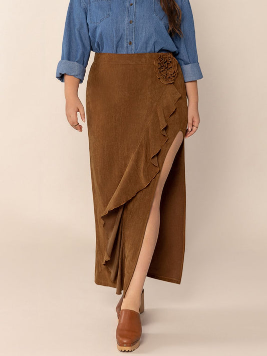 Plus Size Ruffled Slit High Rise Skirt-BOTTOM SIZES SMALL MEDIUM LARGE-[Adult]-[Female]-Brown-0XL-2022 Online Blue Zone Planet