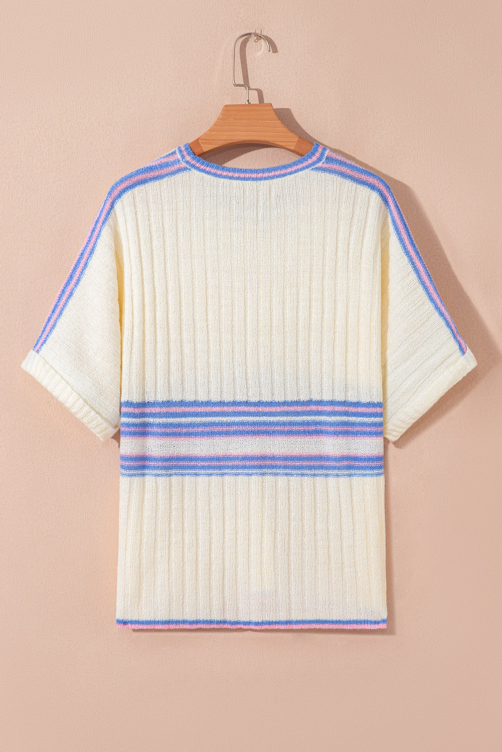 White Striped V Neck Dolman Sleeve Rib Knit Oversized Sweater with Slits-TOPS / DRESSES-[Adult]-[Female]-2022 Online Blue Zone Planet