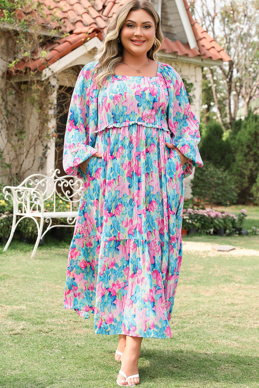 Blue Zone Planet | Sky Blue Floral Allover Print Shirred Square Neck Plus Size Maxi Dress-TOPS / DRESSES-[Adult]-[Female]-2022 Online Blue Zone Planet
