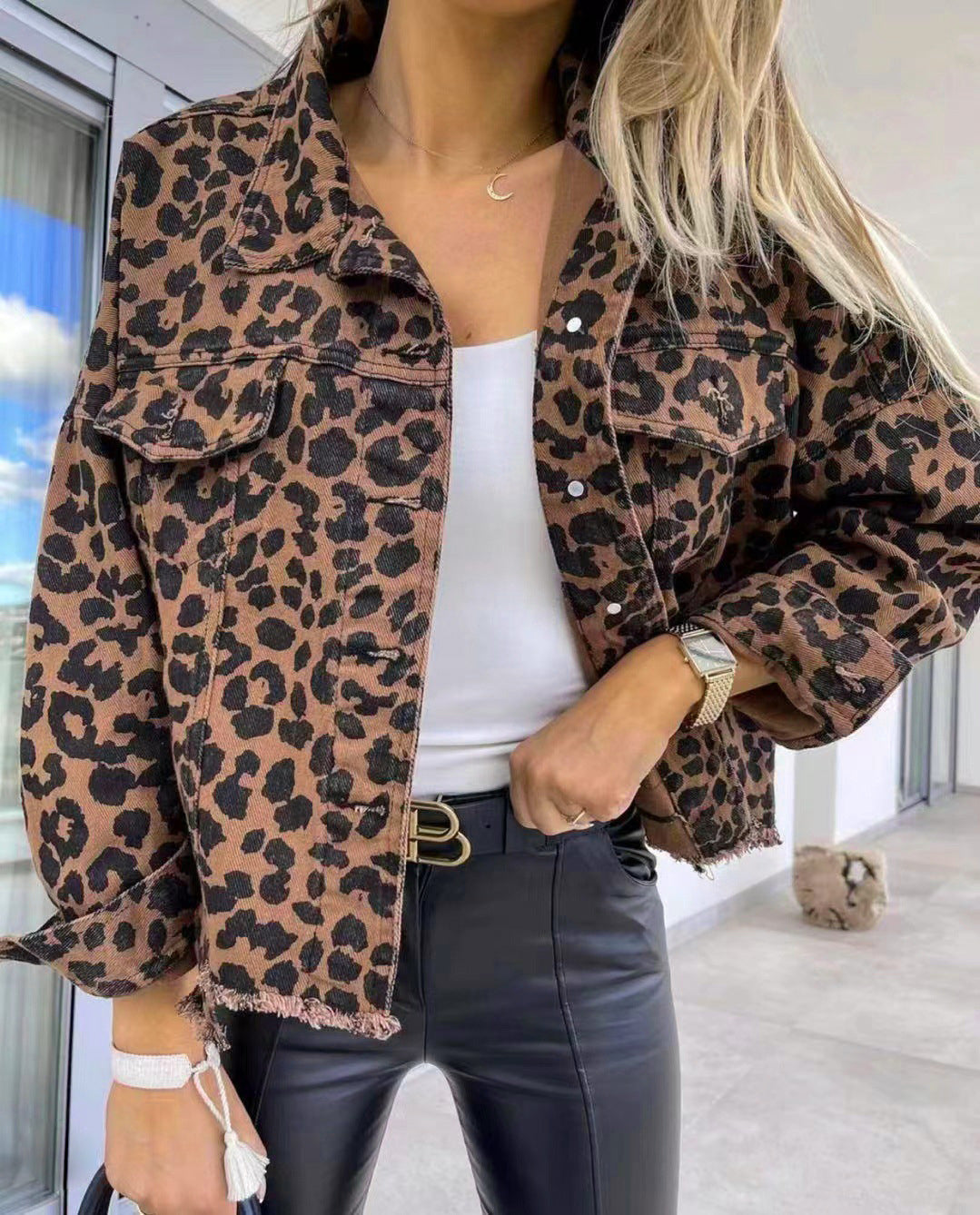 Raw Hem Leopard Collared Neck Denim Jacket-TOPS / DRESSES-[Adult]-[Female]-Leopard-S-2022 Online Blue Zone Planet