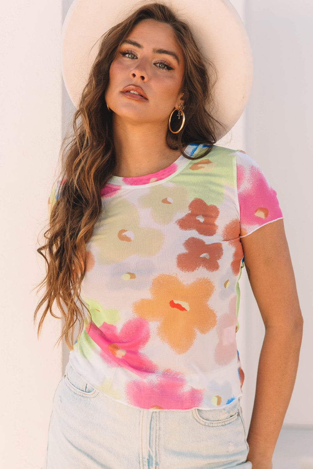 Multicolour Floral Mesh Lettuce Trim Cropped T Shirt-Tops/Tops & Tees-[Adult]-[Female]-2022 Online Blue Zone Planet