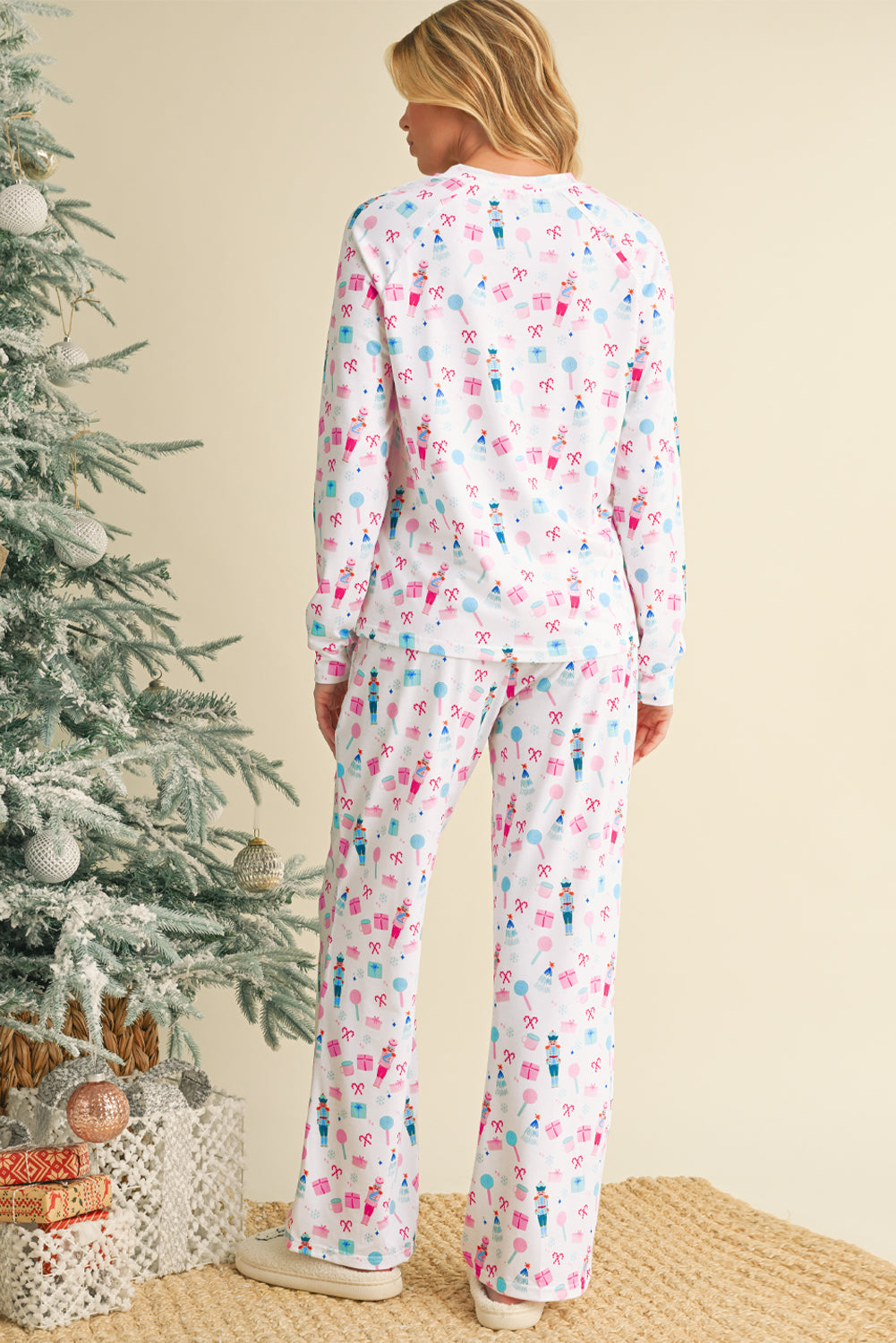 White Christmas Nutcracker Top and Wide Leg Pants Pajama Set-Loungewear Set-[Adult]-[Female]-2022 Online Blue Zone Planet