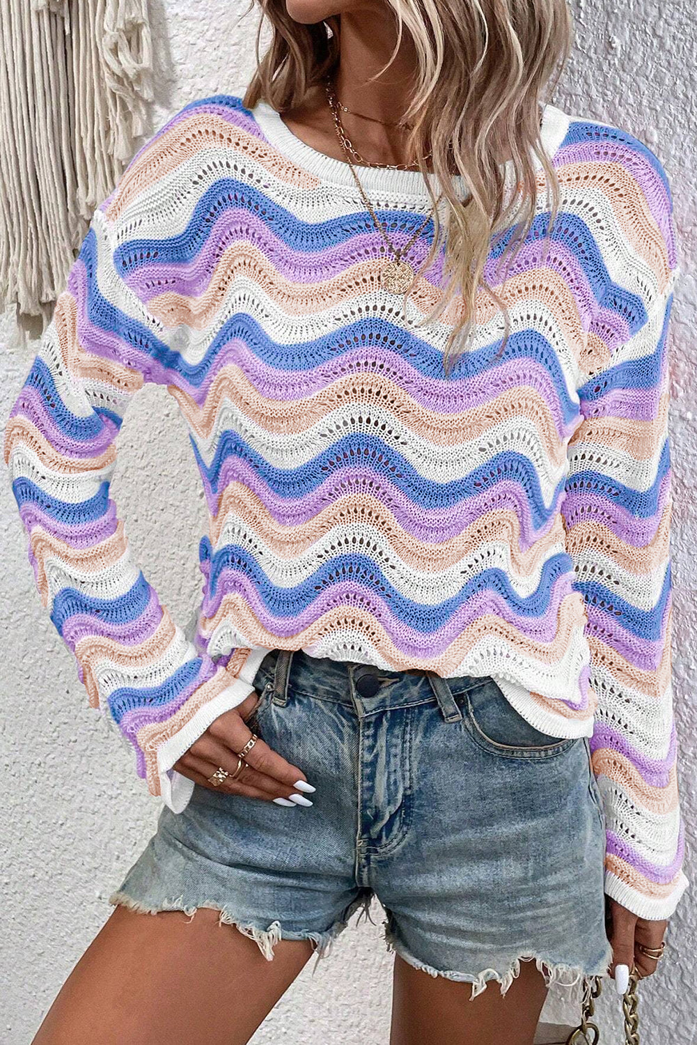 Purple Stripe Wavy Pointelle Knit Drop Shoulder Sweater Blue