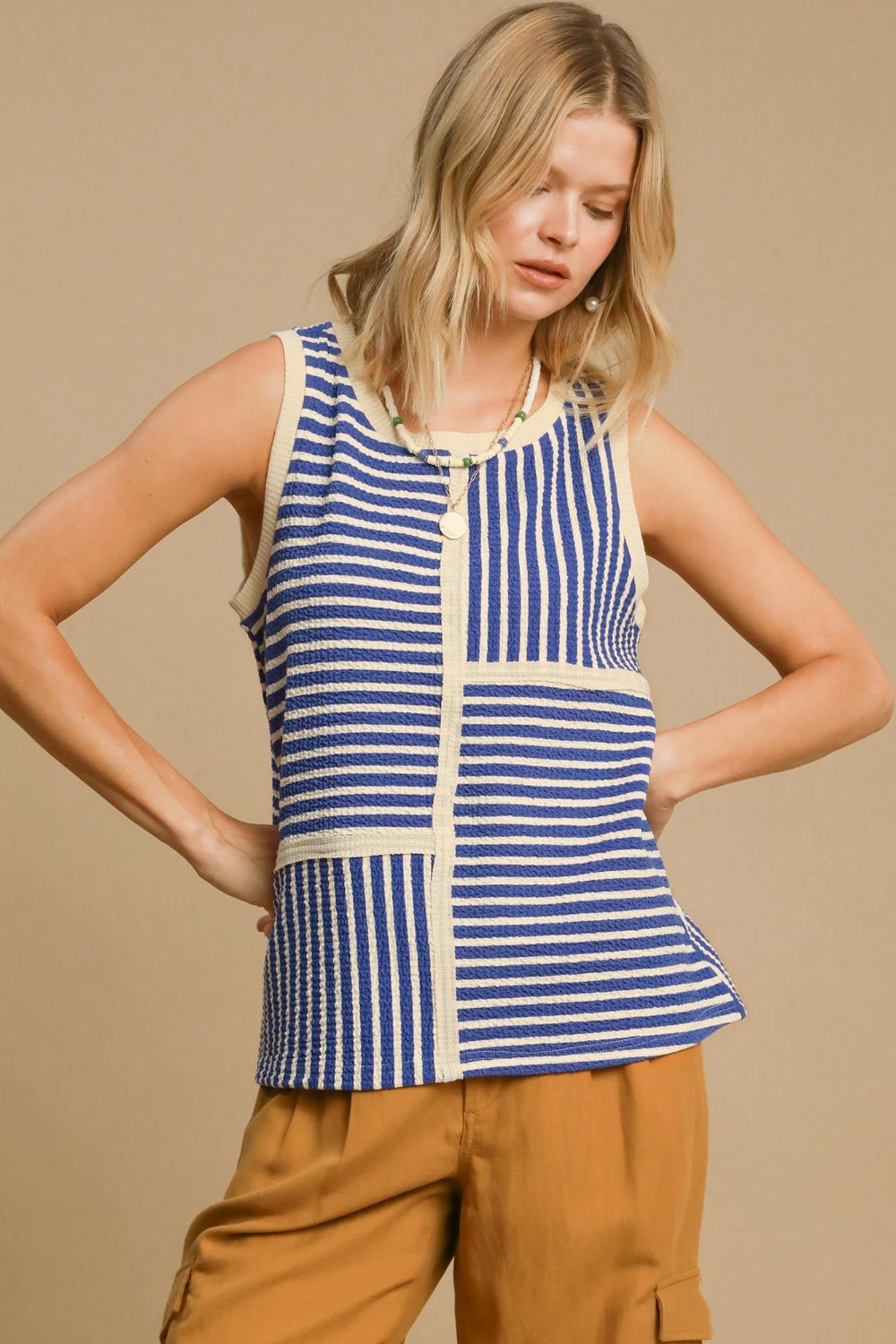 Umgee Round Neck Texture Striped Tank-TOPS / DRESSES-[Adult]-[Female]-Blue-S-2022 Online Blue Zone Planet