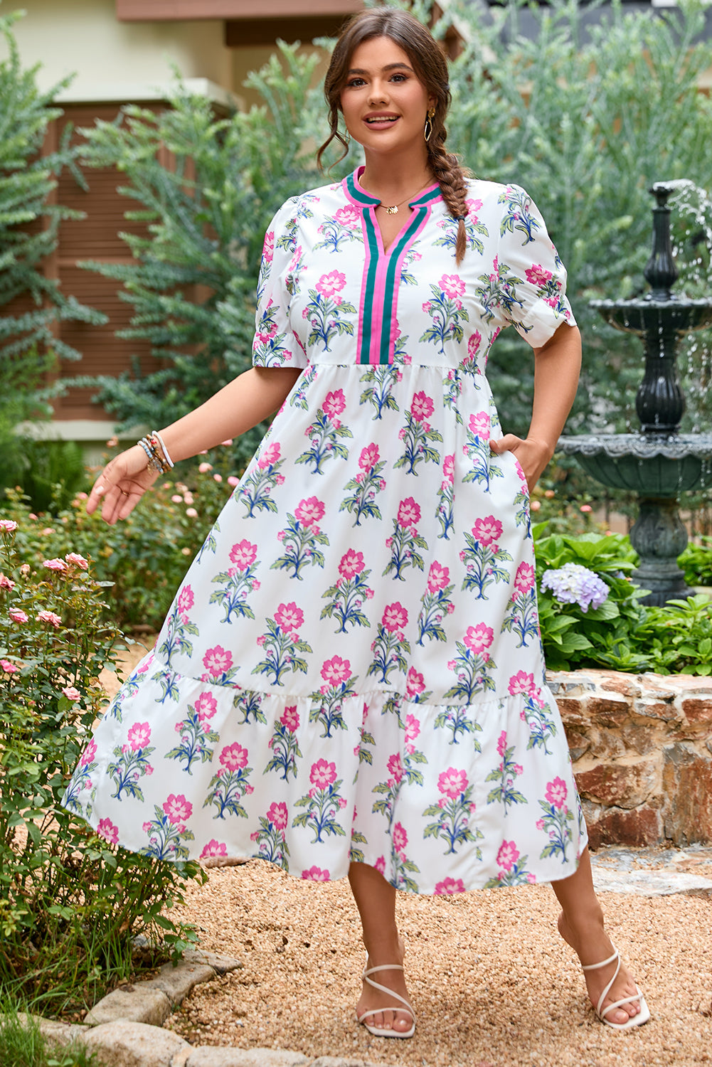 White Allover Print Contrast Split Neckline Short Puff Sleeve Curvy Dress-TOPS / DRESSES-[Adult]-[Female]-2022 Online Blue Zone Planet