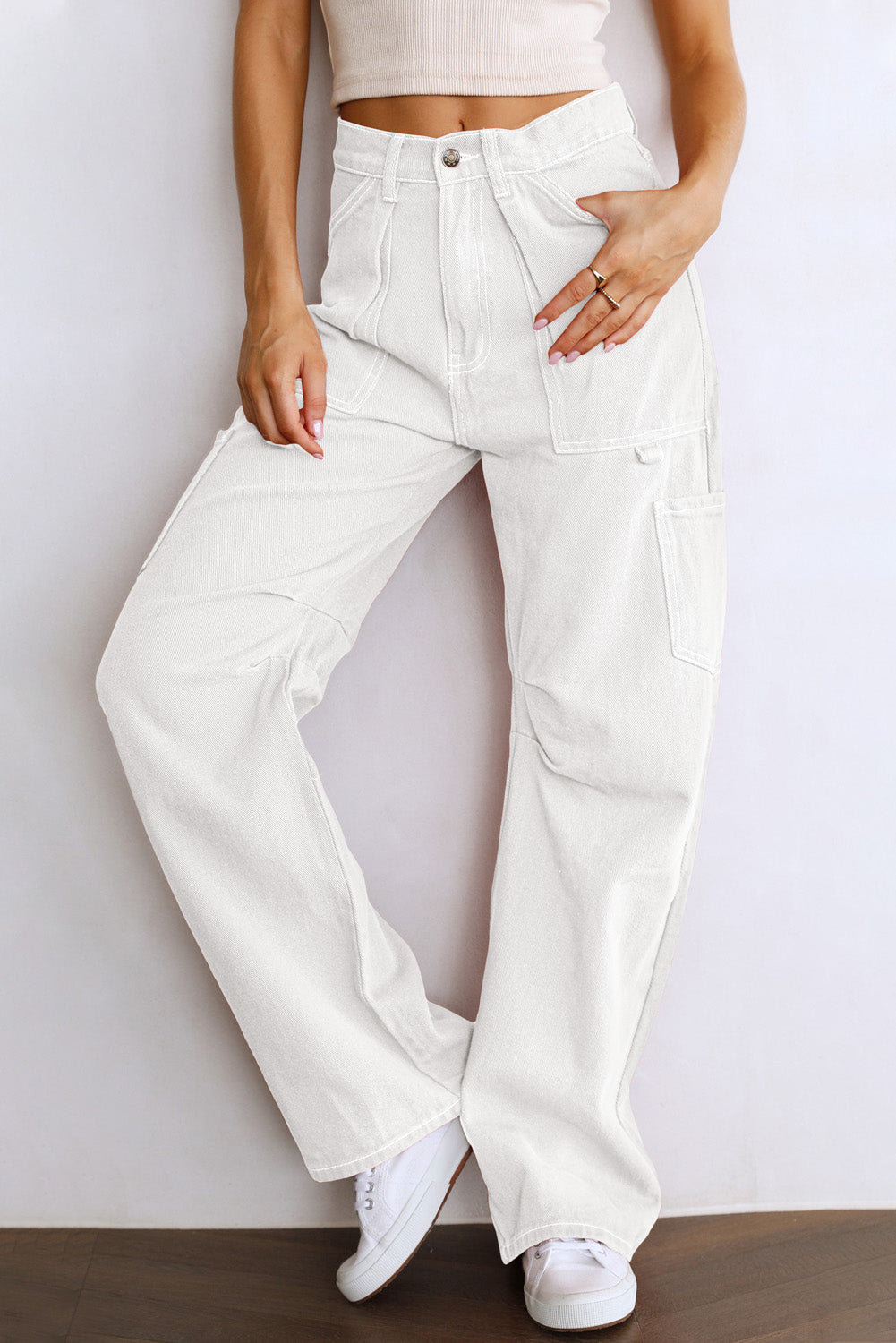 White High Waist Straight Leg Cargo Pants with Pockets-Bottoms/Pants & Culotte-[Adult]-[Female]-2022 Online Blue Zone Planet