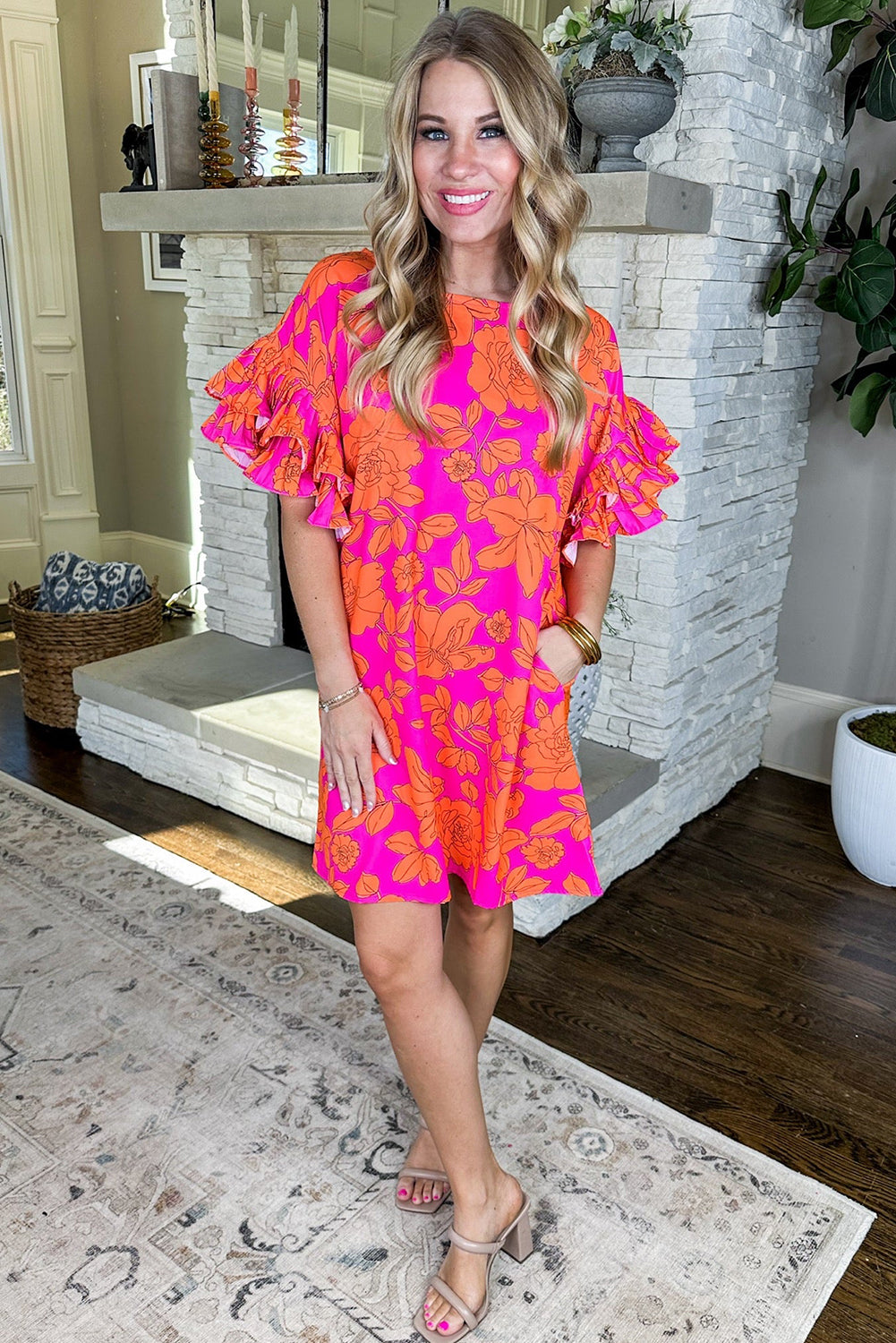 Pink Voluminous Ruffled Sleeve Floral Dress Blue Zone Planet