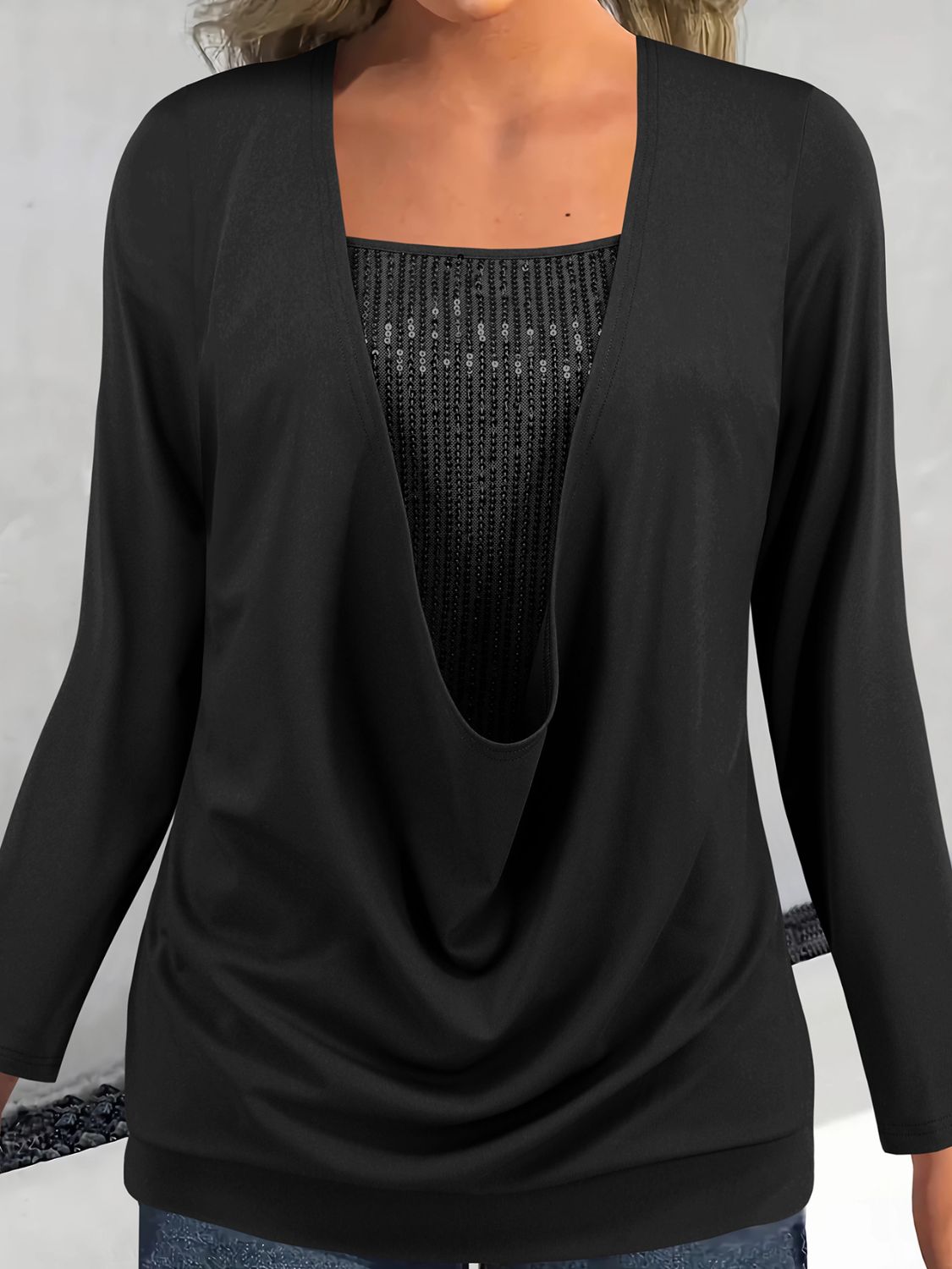 Faux Layered Sequin Long Sleeve Blouse-TOPS / DRESSES-[Adult]-[Female]-Black-S-2022 Online Blue Zone Planet