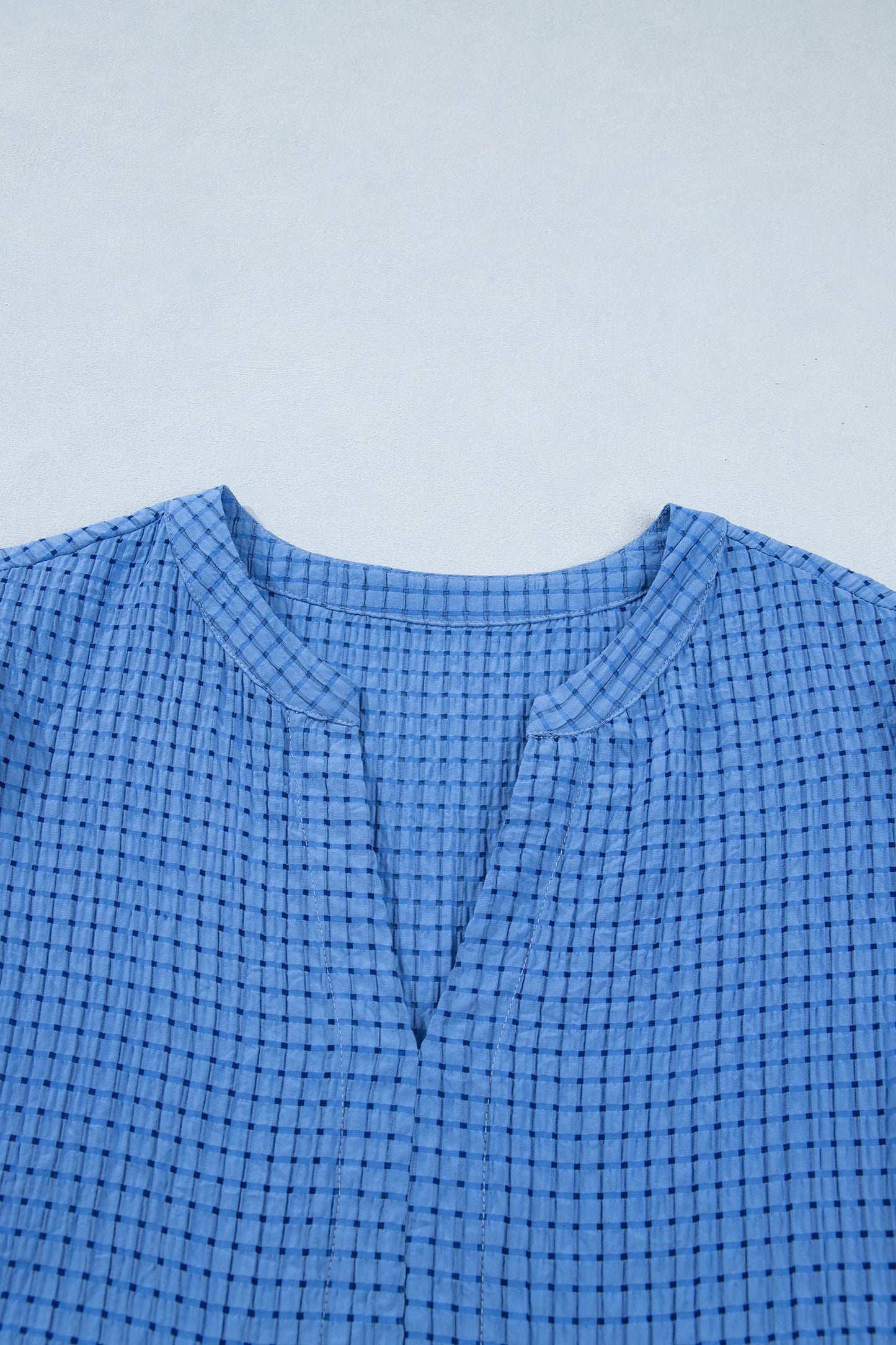 Dusk Blue Gingham Textured Bow Tie Short Sleeve Tiered Midi Dress-Dresses/Midi Dresses-[Adult]-[Female]-2022 Online Blue Zone Planet