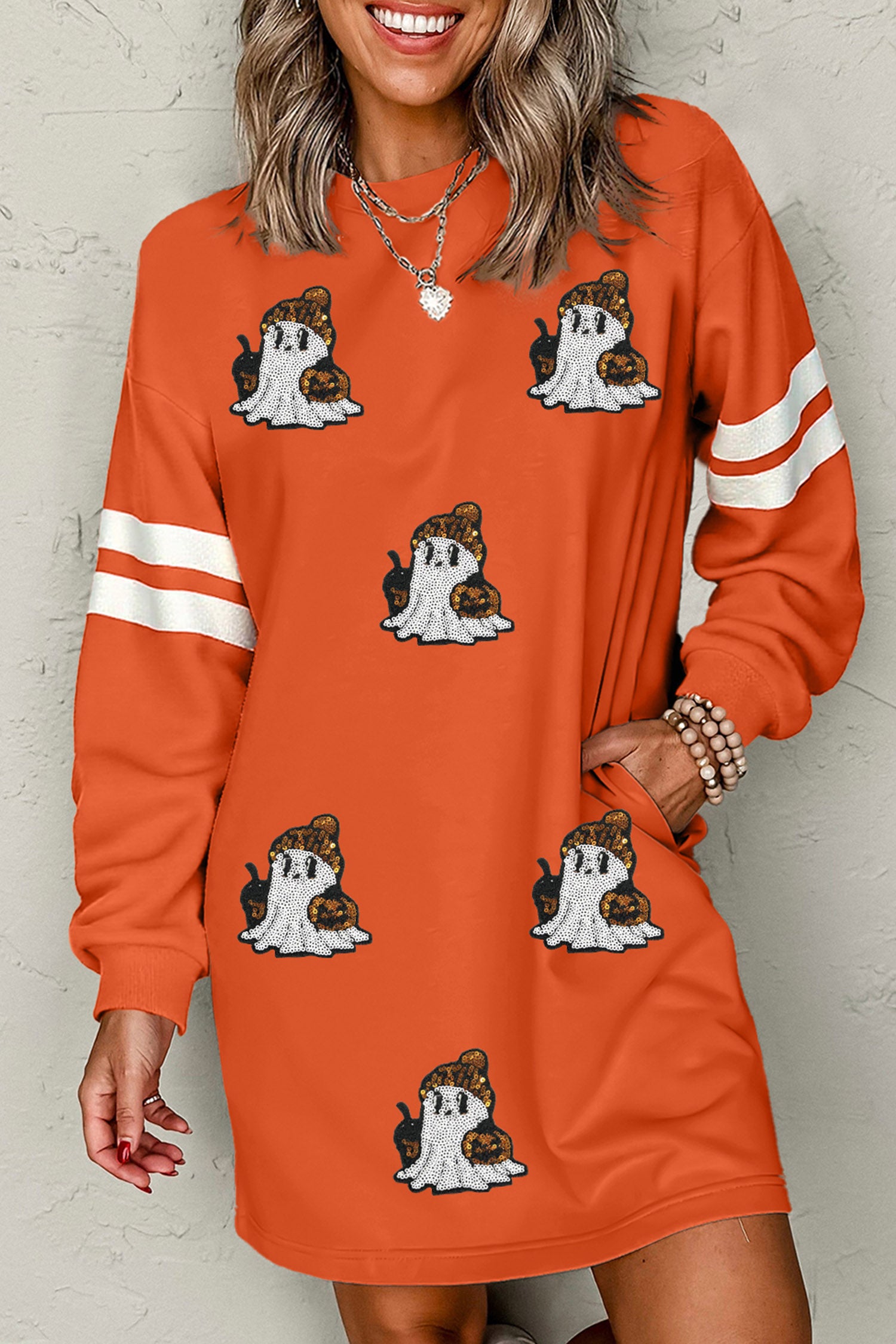 Orange Sequin Ghost Pattern Varsity Sleeve Sweatshirt Mini Dress with Pockets-Graphic/Graphic Dresses-[Adult]-[Female]-Orange-S-2022 Online Blue Zone Planet