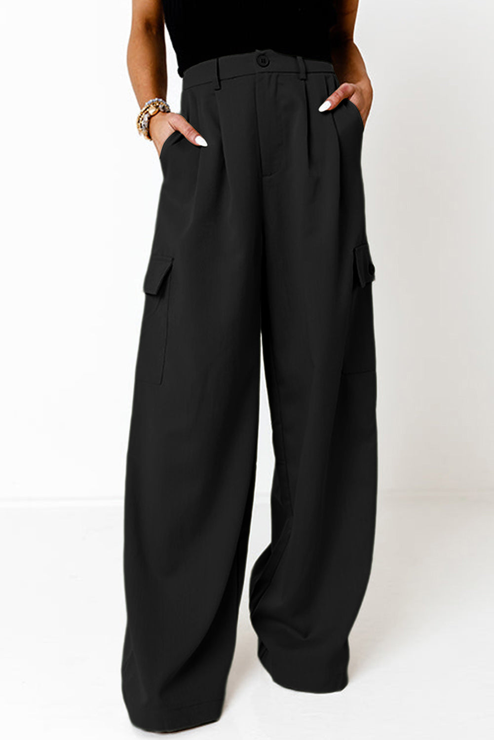 Ruched Wide Leg Pants with Pockets-BOTTOMS SIZES SMALL MEDIUM LARGE-[Adult]-[Female]-Black-4-2022 Online Blue Zone Planet