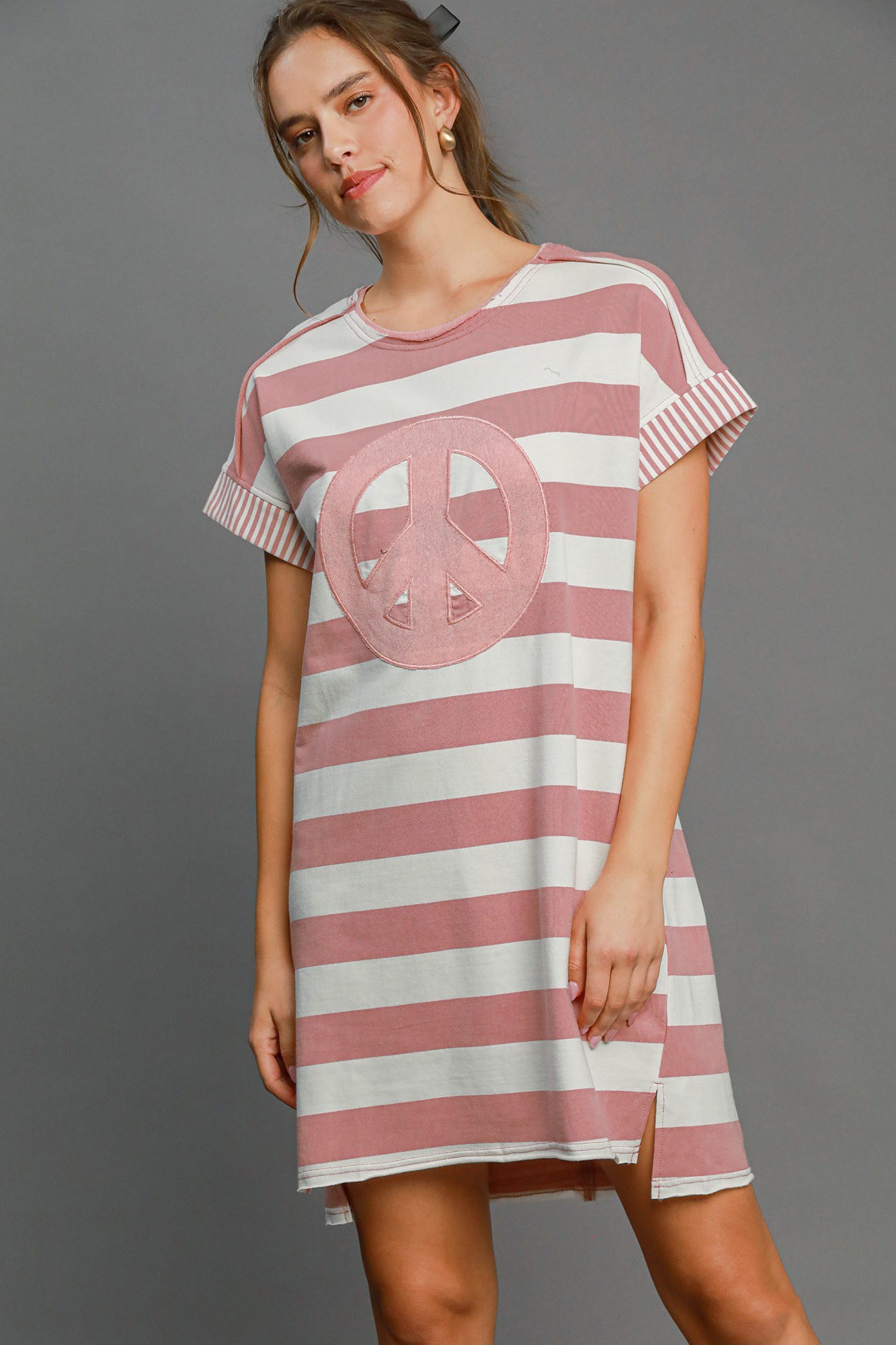 Umgee Peace Applique Striped Short Sleeve Mini Dress Dusty Pink / S Umgee Peace Applique Striped Short Sleeve Mini Dress Dusty Pink / S