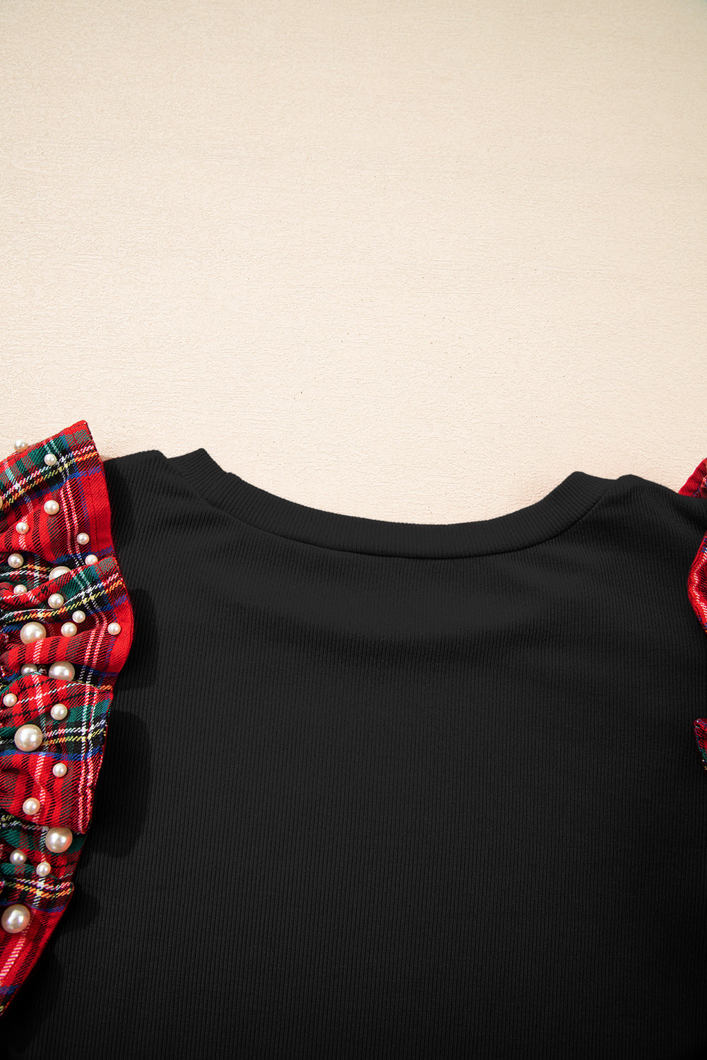Black Plaid Pearl Ruffle Short Sleeve Loose T Shirt-Tops/Tops & Tees-[Adult]-[Female]-2022 Online Blue Zone Planet