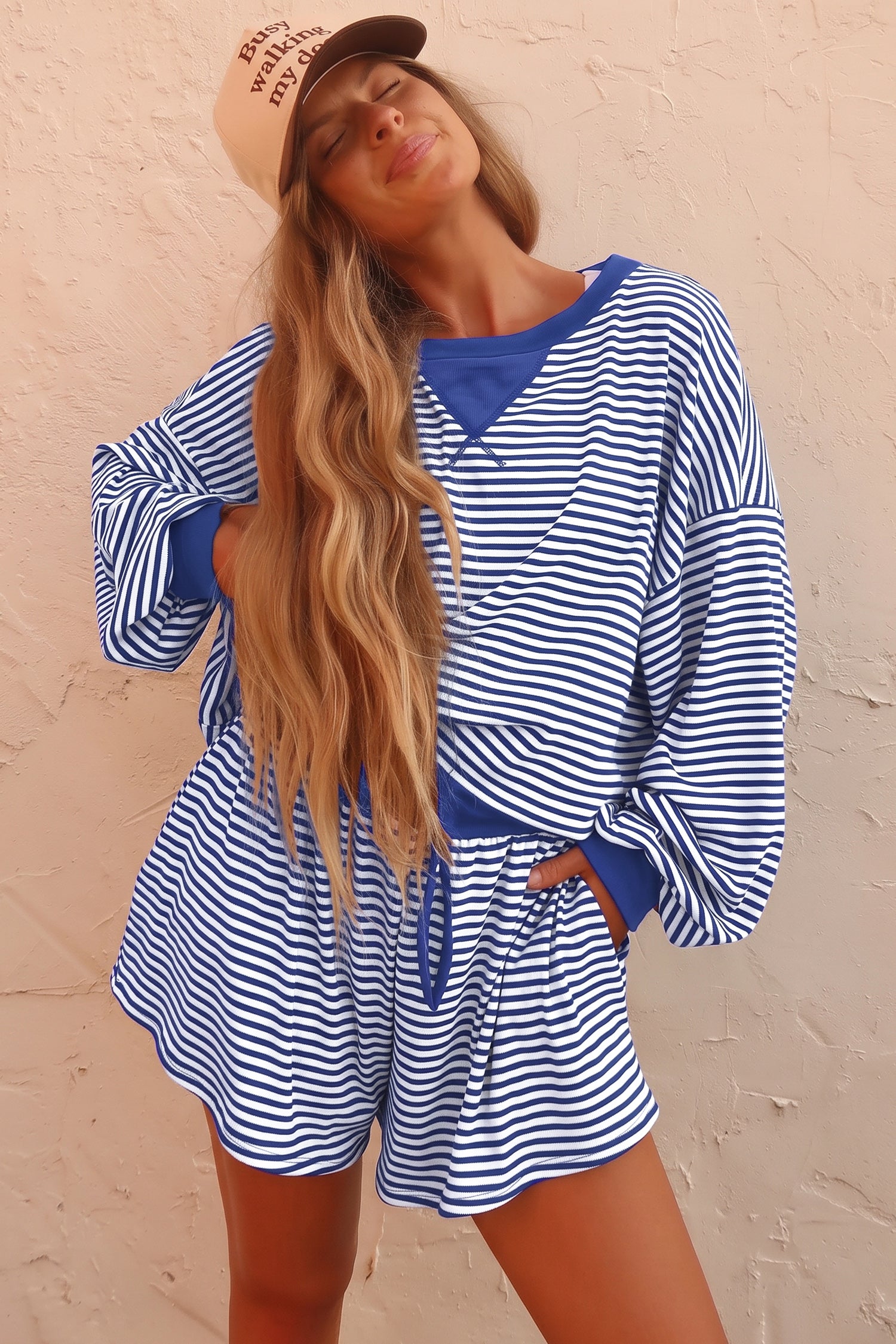 Blue Stripe Oversized Long Sleeve Top Drawstring Loose Shorts 2pcs Set-Two Piece Sets/Short Sets-[Adult]-[Female]-2022 Online Blue Zone Planet