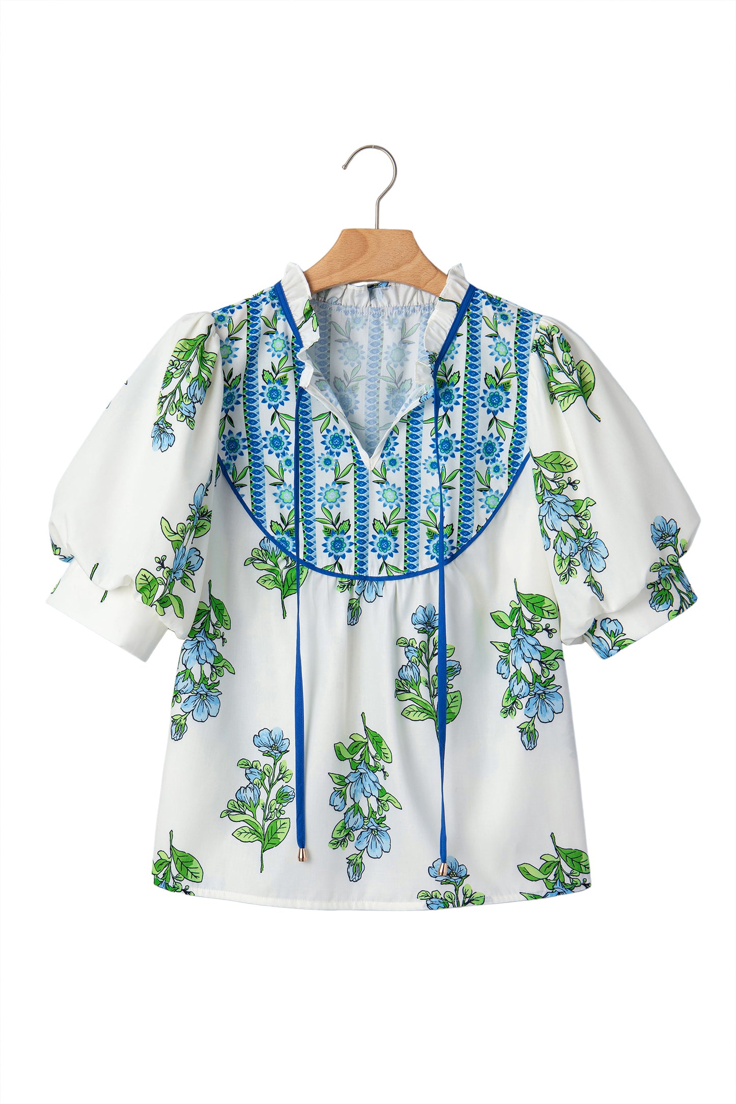 White Floral Print Contrast Trim Tie Neck Blouse-Tops/Blouses & Shirts-[Adult]-[Female]-2022 Online Blue Zone Planet
