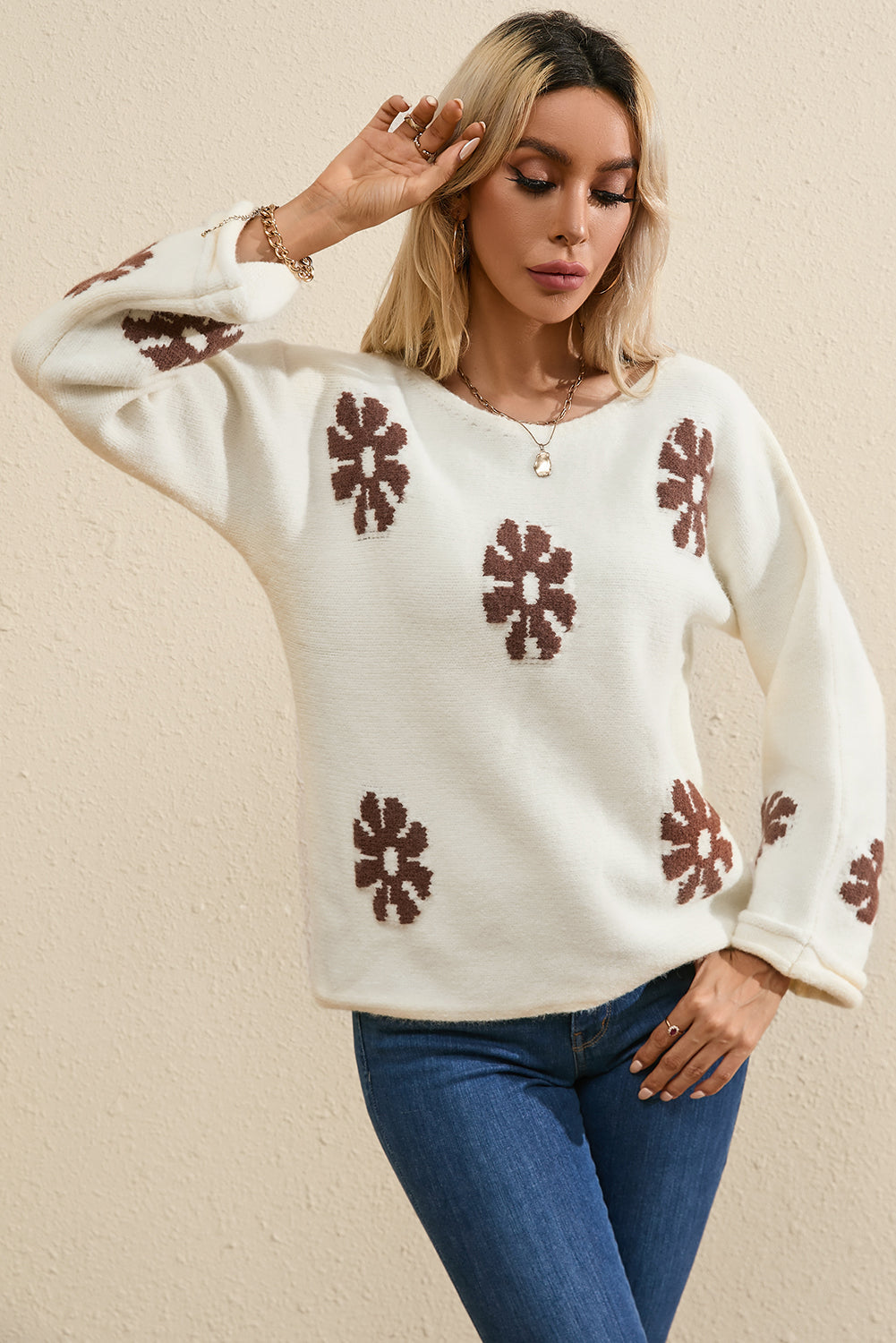 White Colorblock Floral Pattern Round Neck Sweater-Sweaters & Cardigans/Sweaters-[Adult]-[Female]-2022 Online Blue Zone Planet