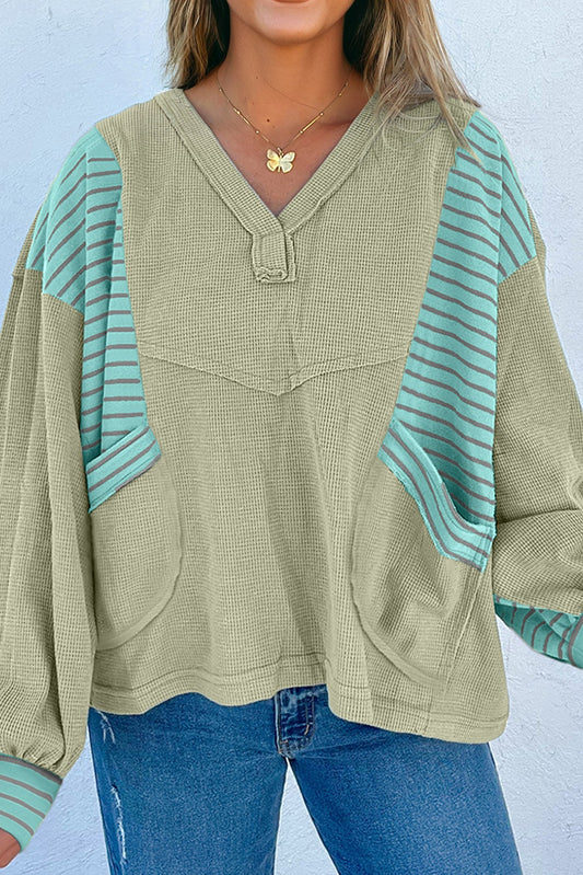 Meadow Mist Green Exposed Seam Waffle Striped Patchwork Baggy Pullover-Tops/Long Sleeve Tops-[Adult]-[Female]-2022 Online Blue Zone Planet