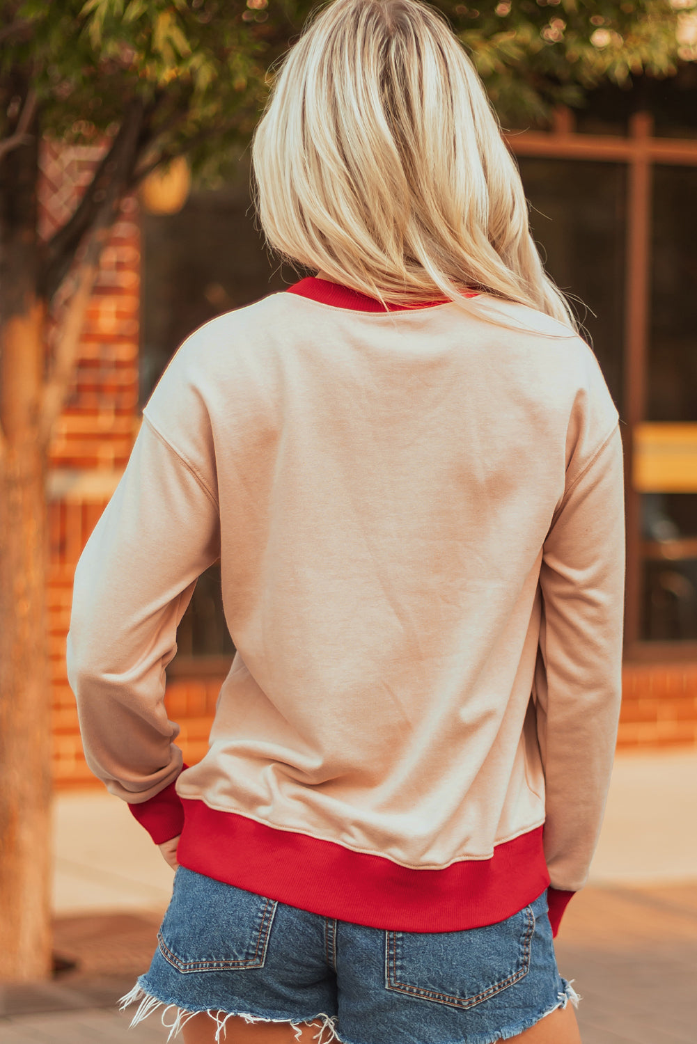 Oatmeal Game Day Letter Graphic Varsity Striped Detail Baggy Sweatshirt-Tops/Sweatshirts & Hoodies-[Adult]-[Female]-2022 Online Blue Zone Planet