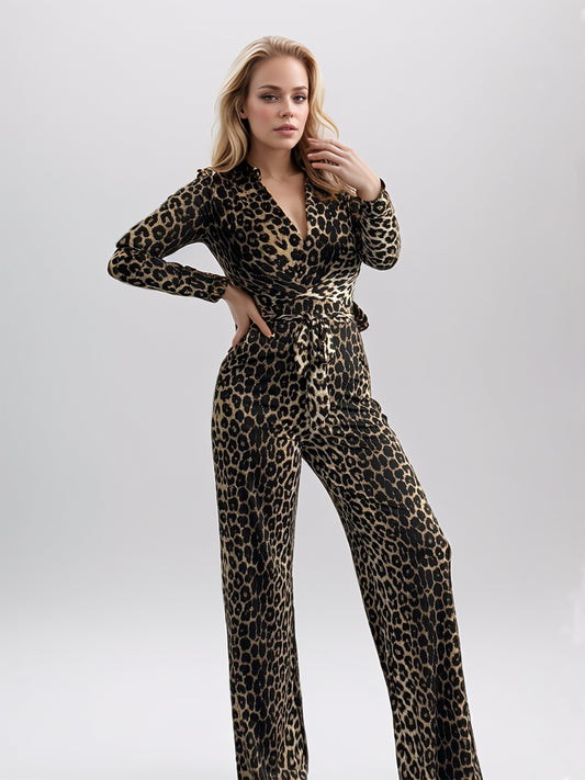 Full Size Leopard Tie Waist Long Sleeve Jumpsuit Plus Size-TOPS / DRESSES-[Adult]-[Female]-Leopard-S-2022 Online Blue Zone Planet