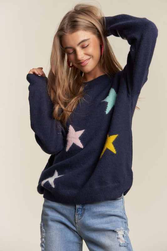 ADORA Stars Pattern Round Neck Drop Shoulder Sweater-TOPS / DRESSES-[Adult]-[Female]-2022 Online Blue Zone Planet