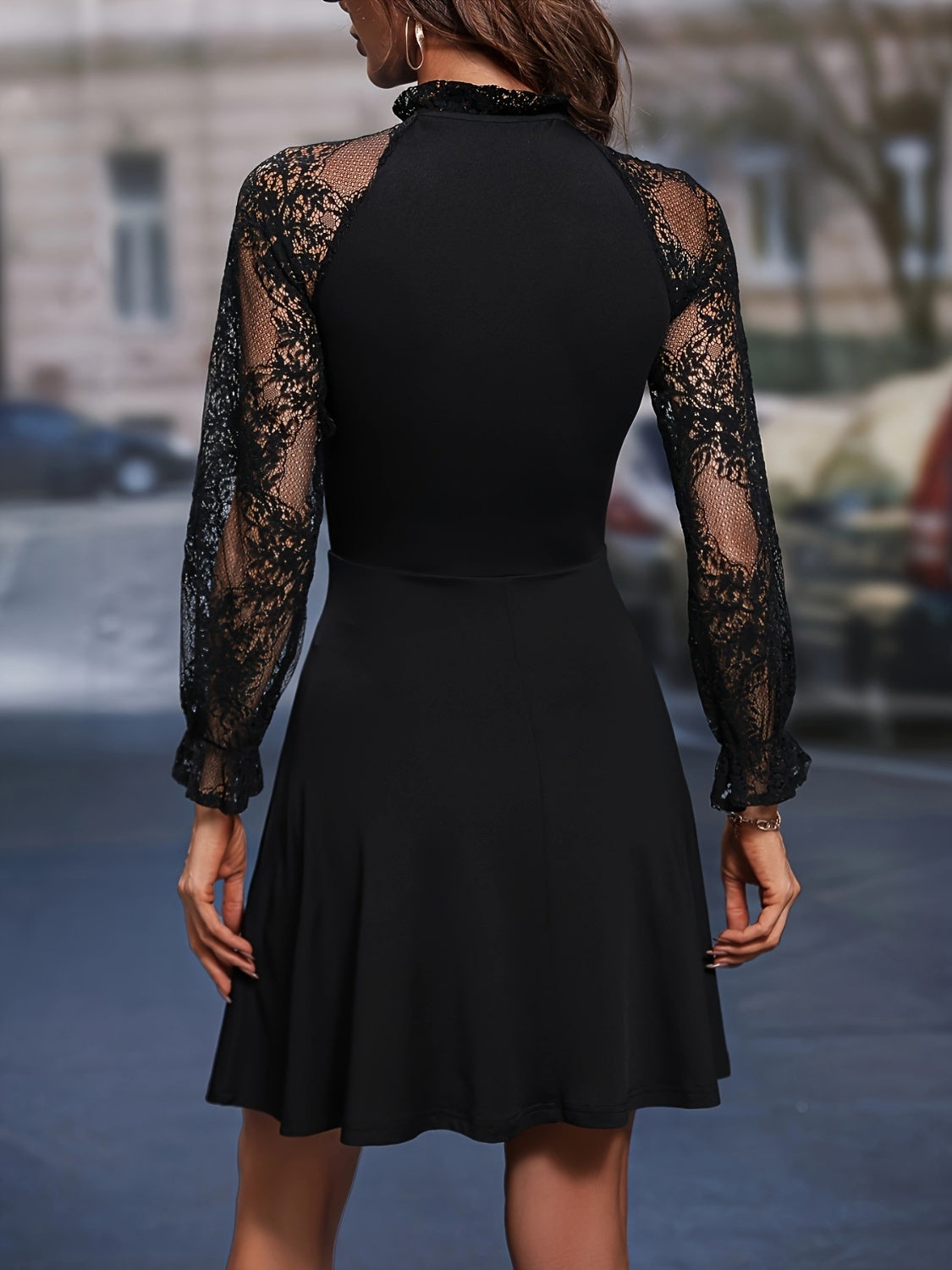 Lace Tie Neck Flounce Sleeve Dress BLUE ZONE PLANET