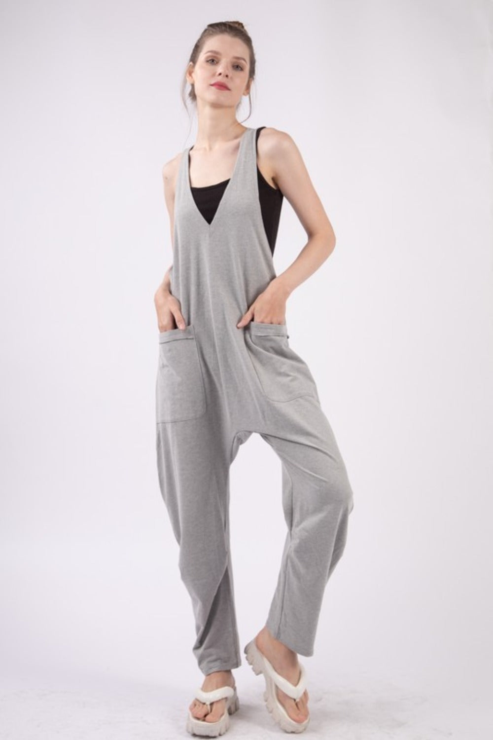 VERY J Plunge Sleeveless Jumpsuit with Pockets-TOPS / DRESSES-[Adult]-[Female]-2022 Online Blue Zone Planet