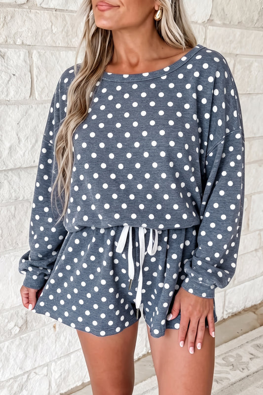 Gray Polka Dot Long Sleeve Top Drawstring Shorts Loose 2pcs Set-Two Piece Sets/Short Sets-[Adult]-[Female]-Gray-S-2022 Online Blue Zone Planet