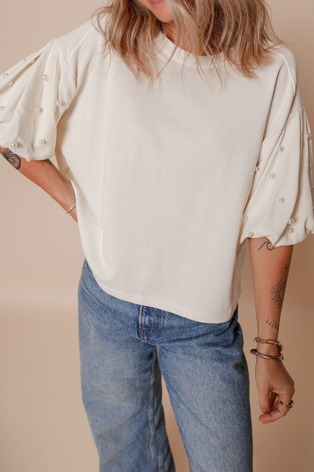 Pearl Detail Round Neck Half Sleeve Blouse-TOPS / DRESSES-[Adult]-[Female]-2022 Online Blue Zone Planet