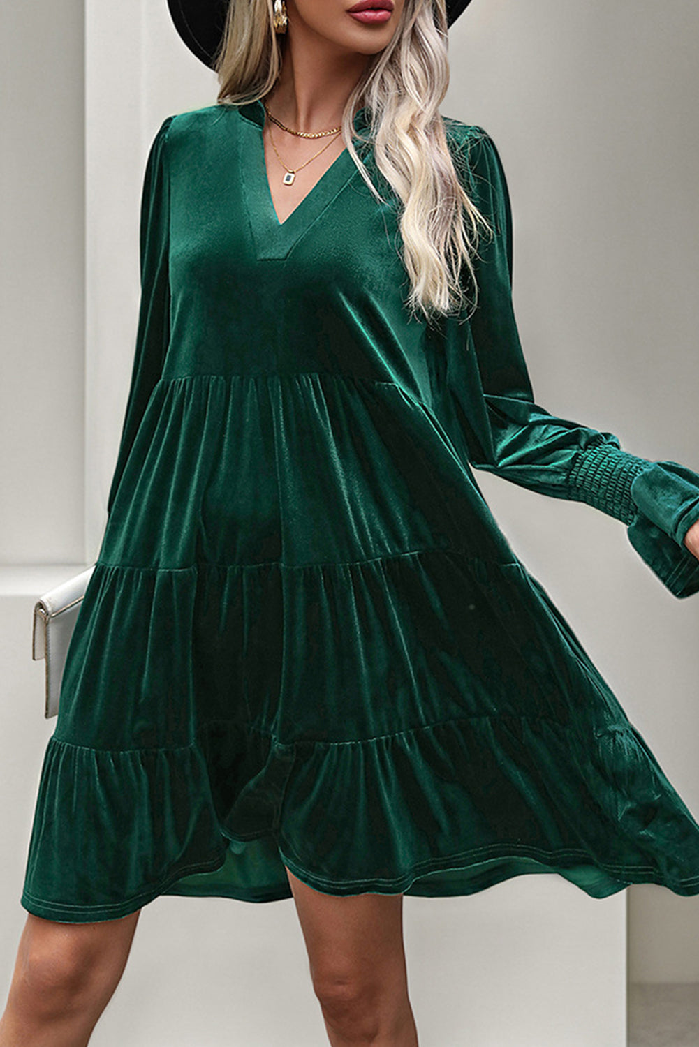 Blue Zone Planet | Evergreen Long Sleeve V Neck Velvet Short Dress-TOPS / DRESSES-[Adult]-[Female]-Evergreen-S-2022 Online Blue Zone Planet