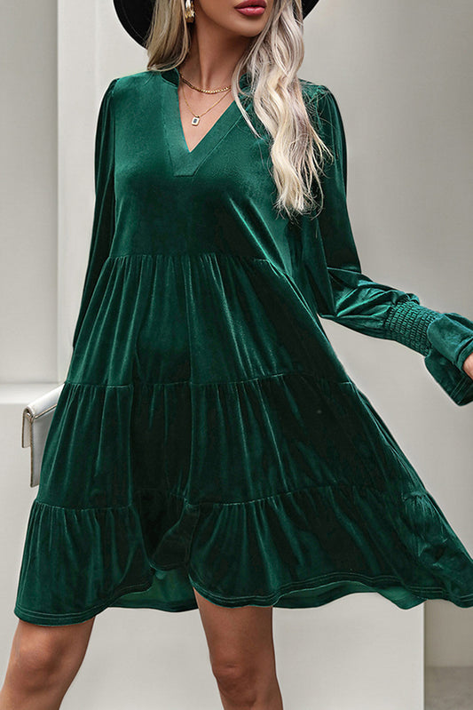 Blue Zone Planet |  Evergreen Long Sleeve V Neck Velvet Short Dress