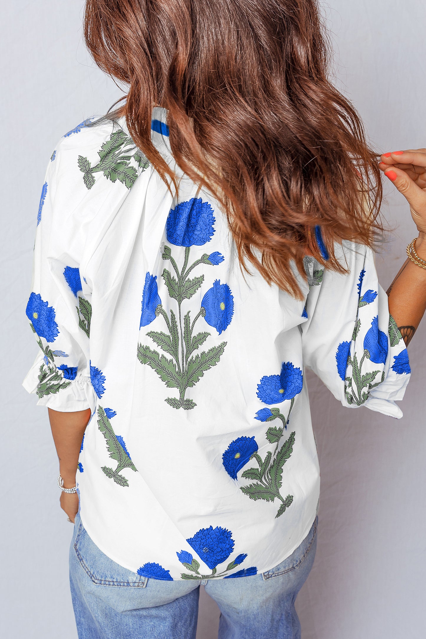 Sky Blue Casual Wild Flower Print V Neck 3/4 Sleeve Blouse-Tops/Blouses & Shirts-[Adult]-[Female]-2022 Online Blue Zone Planet