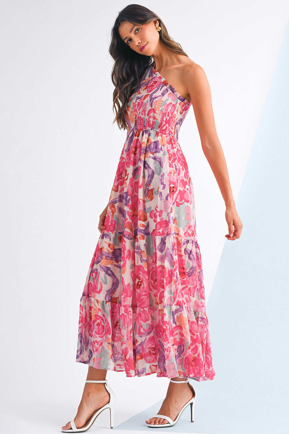 Pink Floral Print Shirred One Shoulder Maxi Dress-TOPS / DRESSES-[Adult]-[Female]-2022 Online Blue Zone Planet