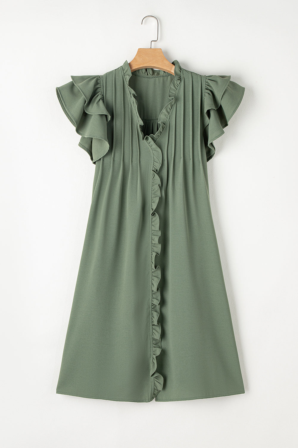 Blue Zone Planet |  Mist Green Ruffle Sleeve V Neck Frilled Shift Dress Blue Zone Planet