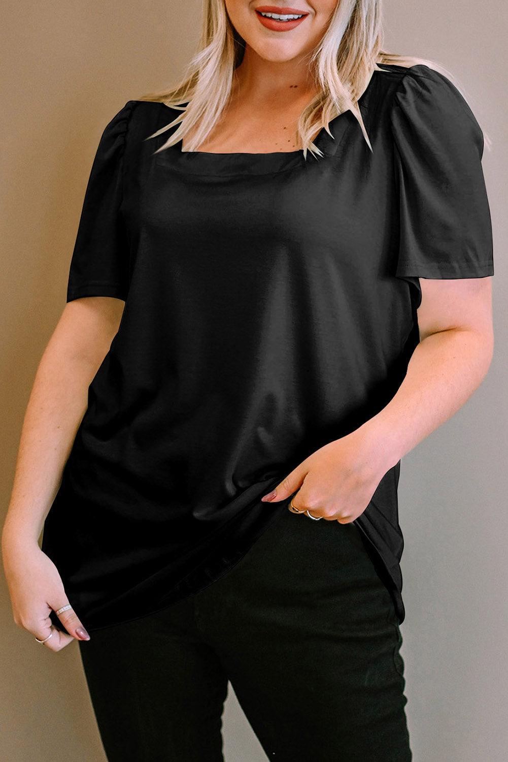 Black Plus Size Square Neck Ruched Shoulder Short Sleeve Top-Sale (50% OFF)/20% OFF-[Adult]-[Female]-Black-1X-2022 Online Blue Zone Planet