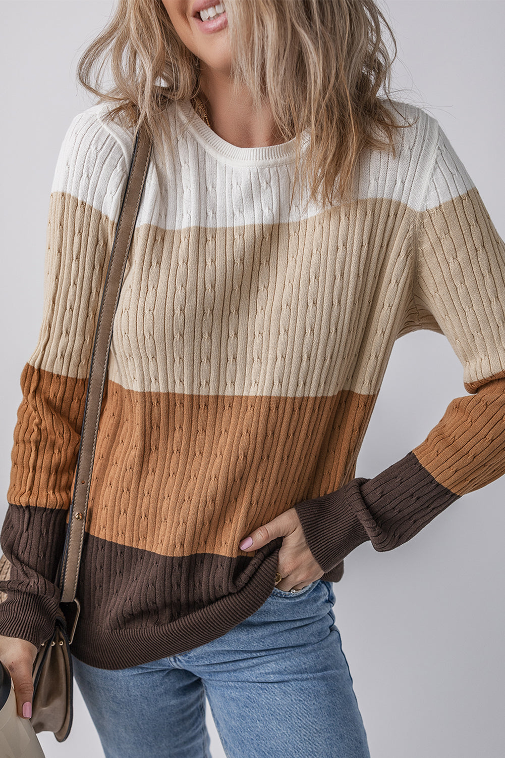 Khaki Colorblock Cable Knit Round Neck Sweater-TOPS / DRESSES-[Adult]-[Female]-2022 Online Blue Zone Planet
