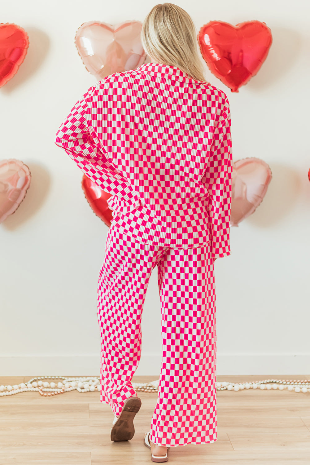 Blue Zone Planet | Pink Checkered Buttoned Shirt and High Waist Pants Pajama Set-TOPS / DRESSES-[Adult]-[Female]-2022 Online Blue Zone Planet