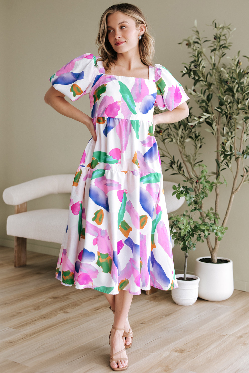 Purple Abstract Print Puff Sleeve Smocked Back Midi Dress-Dresses/Midi Dresses-[Adult]-[Female]-2022 Online Blue Zone Planet