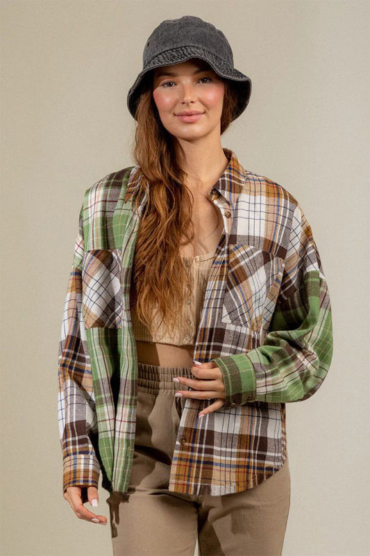 Plaid Collared Neck Long Sleeve Shirt-TOPS / DRESSES-[Adult]-[Female]-Matcha Green-S-2022 Online Blue Zone Planet