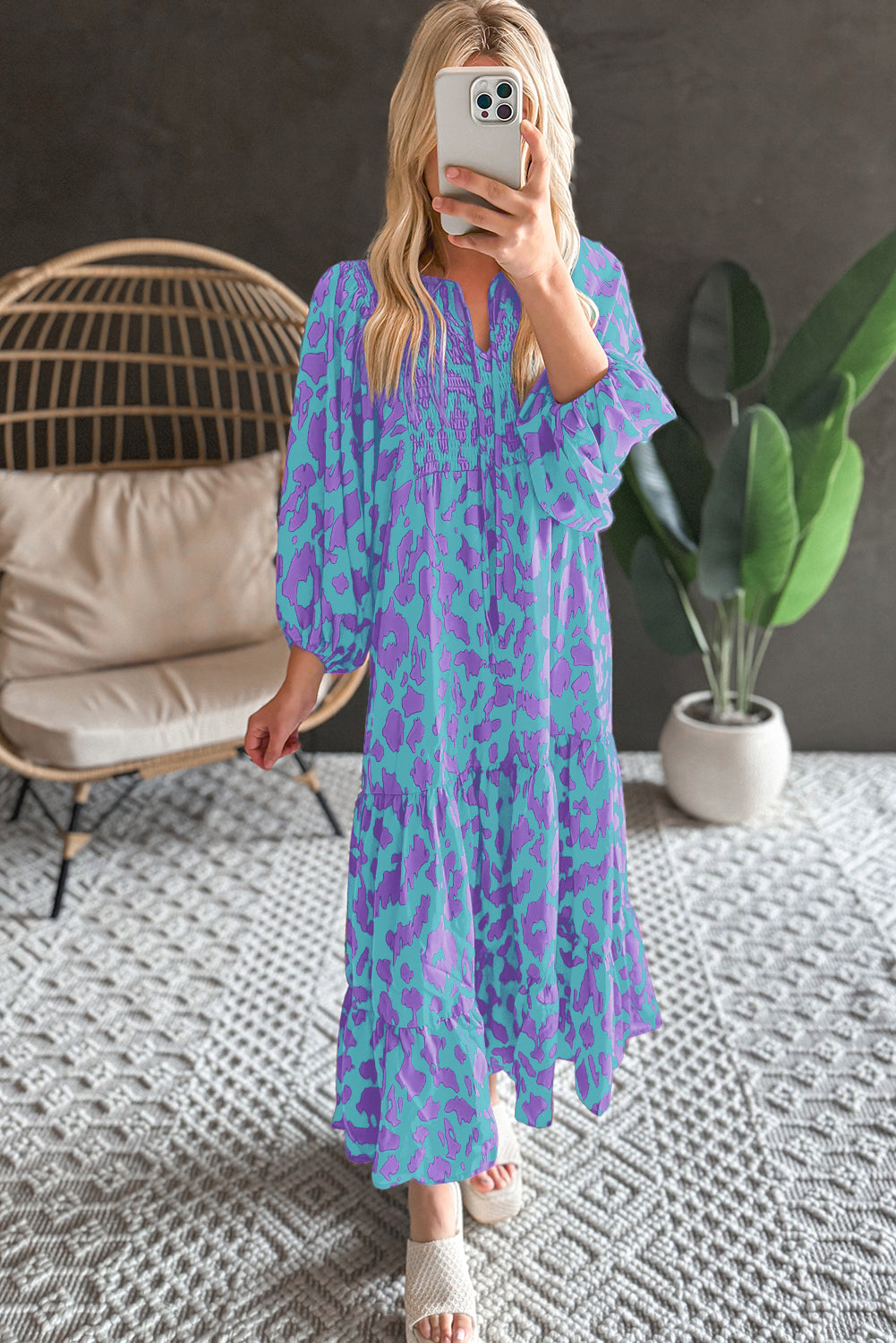 Sky Blue Abstract Print Puff Sleeve Tied Notched Neck Long Dress-Dresses/Maxi Dresses-[Adult]-[Female]-2022 Online Blue Zone Planet