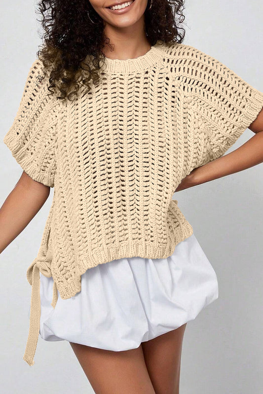 Apricot Plus Size Open Knit Bow Tie Short Sleeve Sweater-Plus Size/Plus Size Sweaters & Cardigans-[Adult]-[Female]-Apricot-L-2022 Online Blue Zone Planet