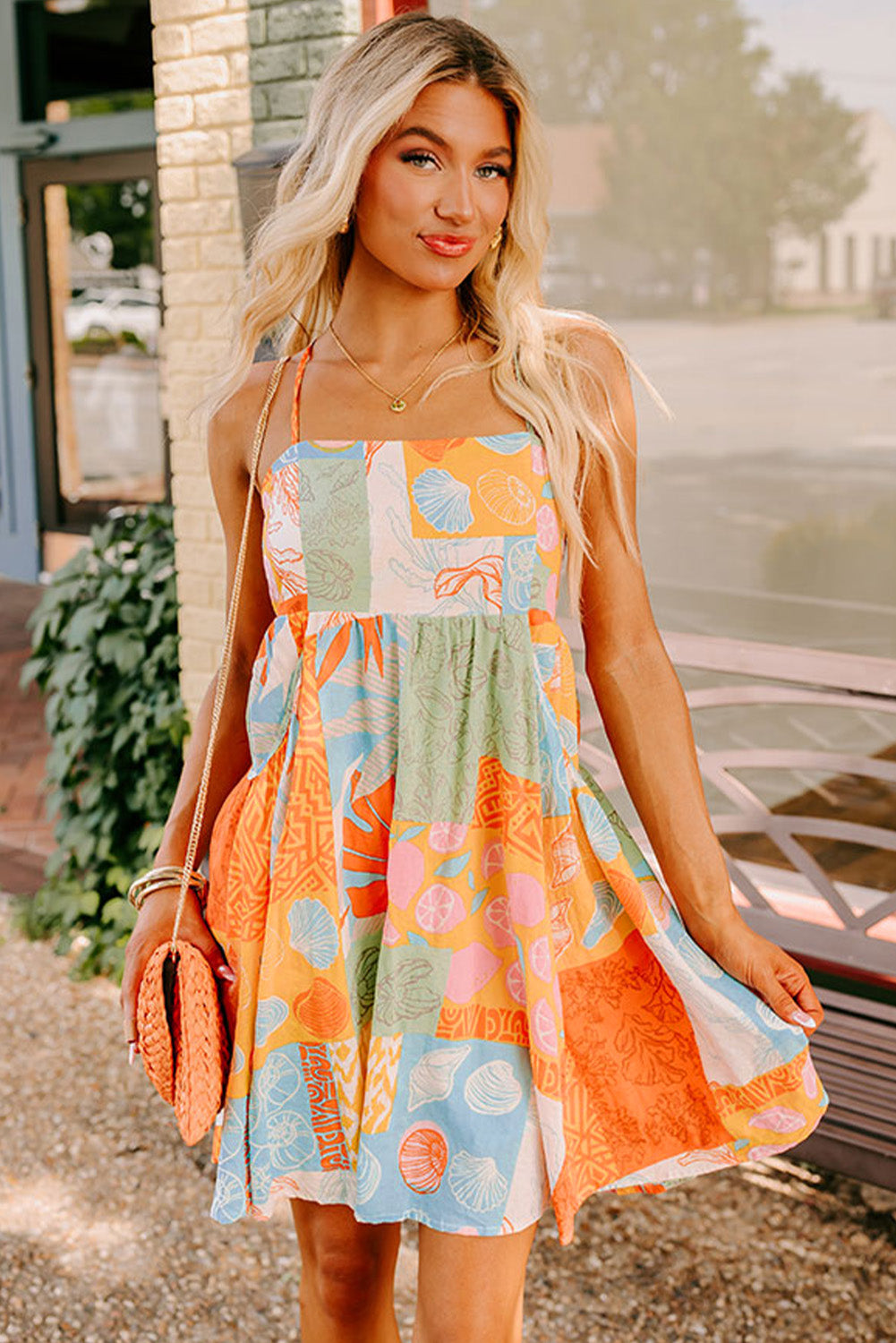 Orange Shell Print Patchwork Backless Flowy Dress-Short Dresses-[Adult]-[Female]-2022 Online Blue Zone Planet