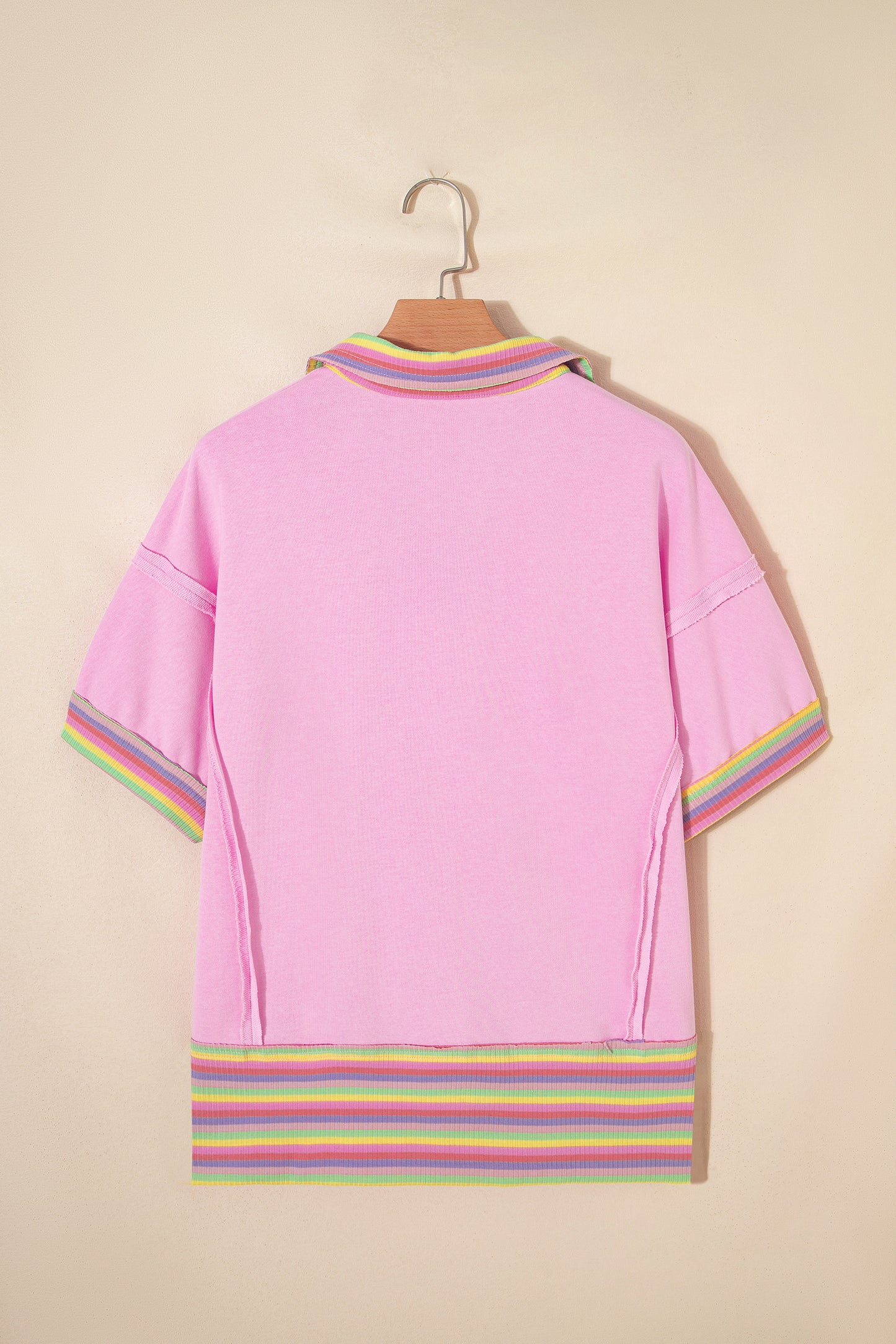 Pink Rainbow Stripe Ribbed Patchwork Raw Seam Oversize Polo Tee-Tops/Tops & Tees-[Adult]-[Female]-2022 Online Blue Zone Planet