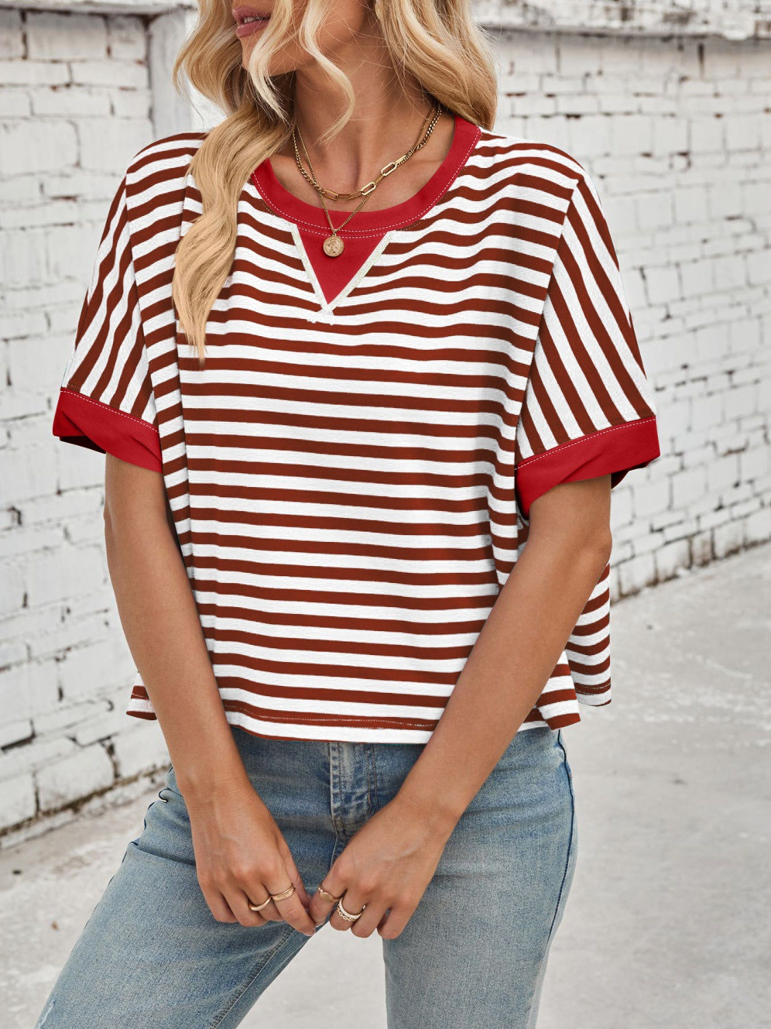 Lovelet Striped Round Neck Short Sleeve T-Shirt-TOPS / DRESSES-[Adult]-[Female]-2022 Online Blue Zone Planet