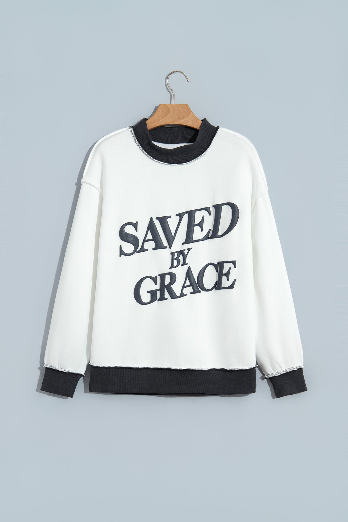 Beige Saved By Grace Print Color Block Mock Neck Oversized Sweatshirt-Tops/Sweatshirts & Hoodies-[Adult]-[Female]-2022 Online Blue Zone Planet